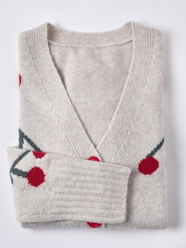 Women's Cherry Pattern Button Front Knitting Longsleeves Cardigans, Casual Elegant Long Sleeve Sweater Cardigan for Fall & Winter, Women's Knit Clothing for Daily Wear, Cardigan for Women, Women's Cardigan, Womenswear, Knitwear,Clothe Knitted Outfit Tops