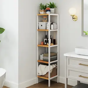 Bamboo Bathroom Shelf, 5-Tier Narrow Shelving Unit, Multifunctional Storage Rack, for Kitchen, Living Room, Bedroom, Bathroom, White and Natural