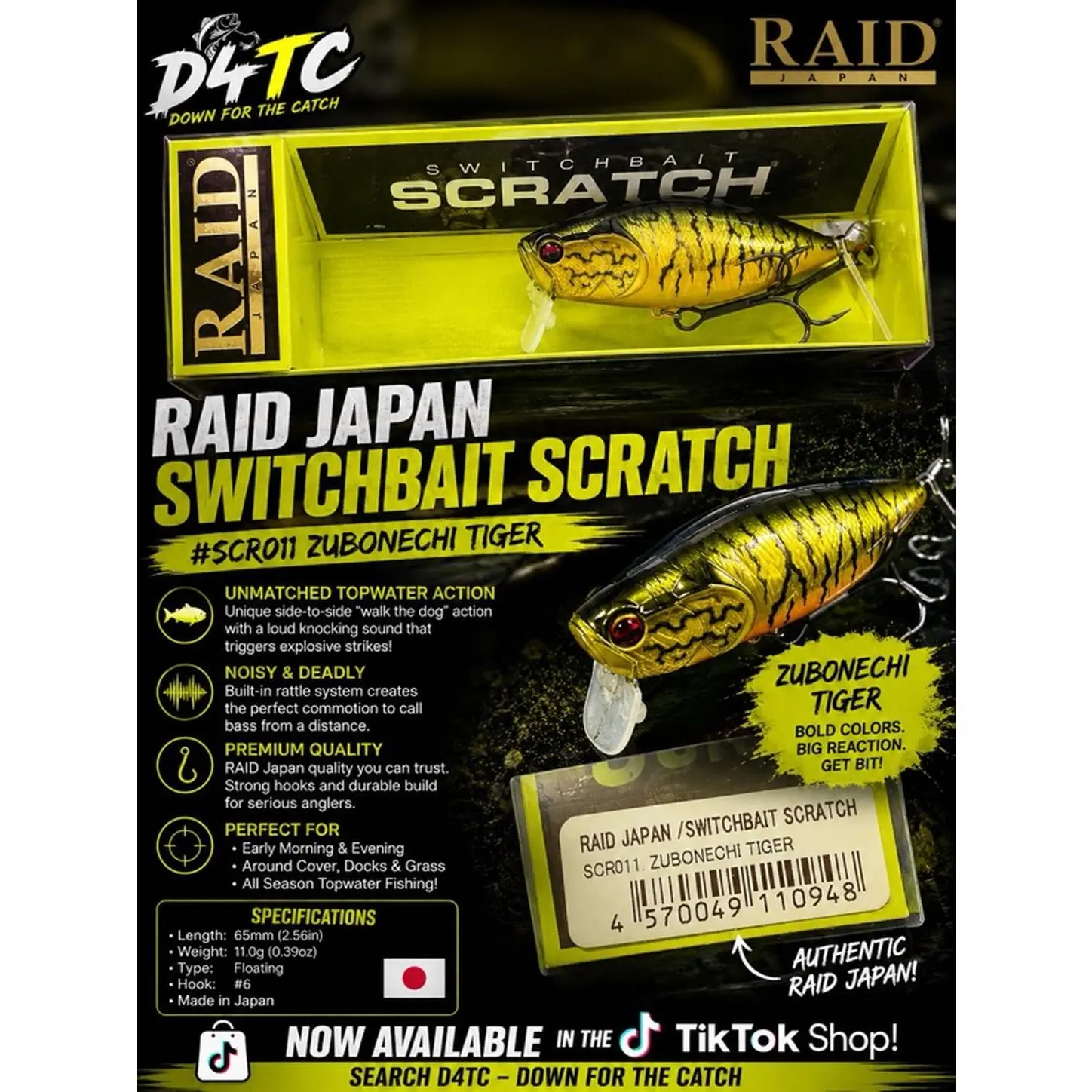 RAID Japan Switchbait Scratch Zubonechi Tiger SCR011 Wake Bait Surface-Running Hard Bait 65mm 11g Floating Action for Bass Fishing