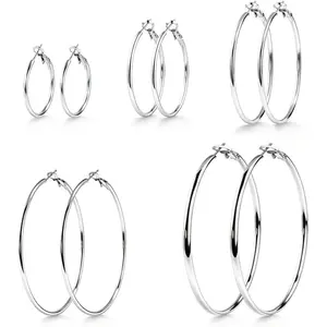 5 Pairs Hoop Earrings for Women, Stainless Steel  Plated Earring Set Lightweight Hoops Small to Large 30/40/50/60/70mm
