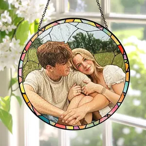 Stained Glass Portrait Ornament, Personalized Photo Couples Suncatcher Keepsake, Family Photo Housewarming Gift
