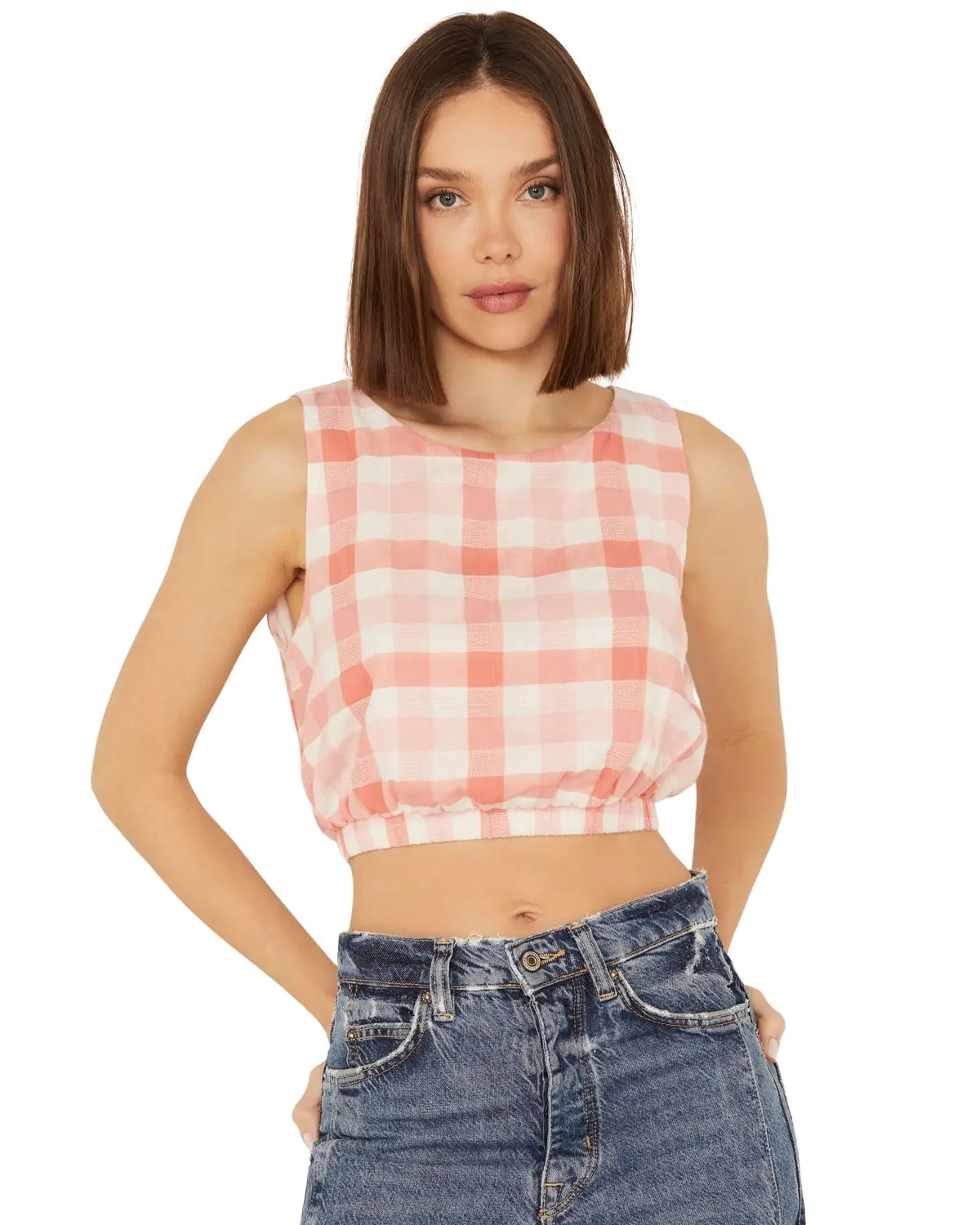 By Together Women's Women'S Gingham Print Cropped Sleeveless Top - L6334-Pnk