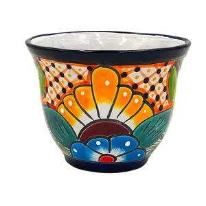 Mexican Talavera "Japonesa Planter" Pot Hand Painted - Dark Blue Trim