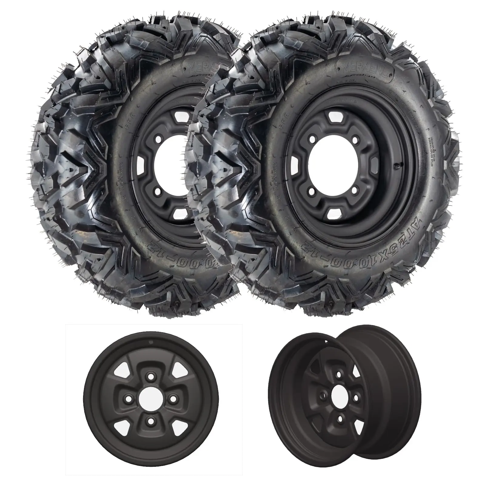 New Upgraded 2pcs 25*10-12 PCD:110*4 ET:4+3 ATV/UTV Mud-Terrain Tires with Rims, 6PR Heavy Duty 6-Ply All Terrain Tires, for ATV/UTV, Four-Wheel Vehicles, Karts, Golf Carts, Flat/Mud Tracks