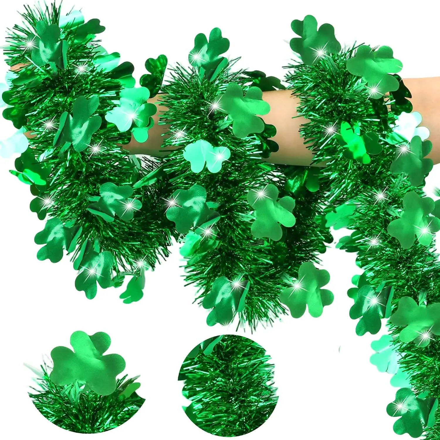 50 FT Green Shamrock Tinsel Garland Shiny Hanging Decor for St Patricks Day Tree Mantel Home Indoor Irish Party Supplies