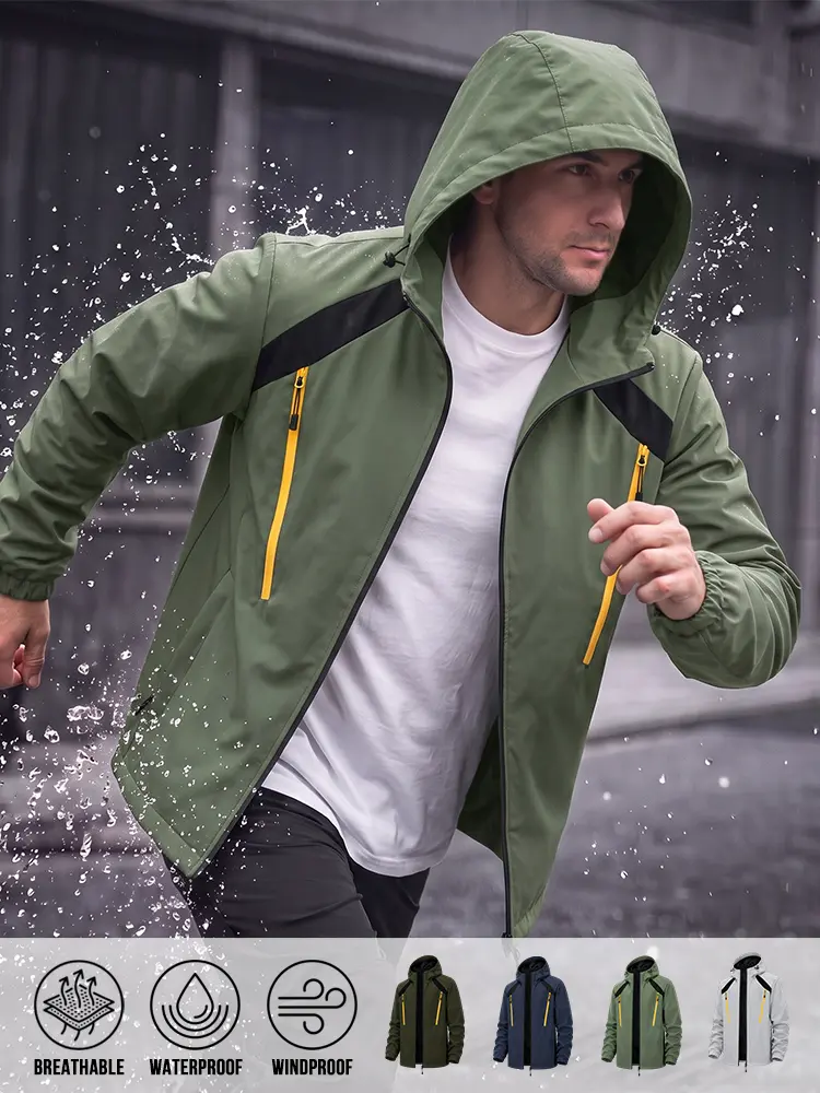 Men Functional Zipper‑Pocket Hooded Outdoor Jacket, Waterproof Windproof Breathable Fabric Construction, Elastic Cuffs And Bottom Hem, Durable Outer Shell For Camping Hiking Cycling And All‑Weather Daily Urban Wear