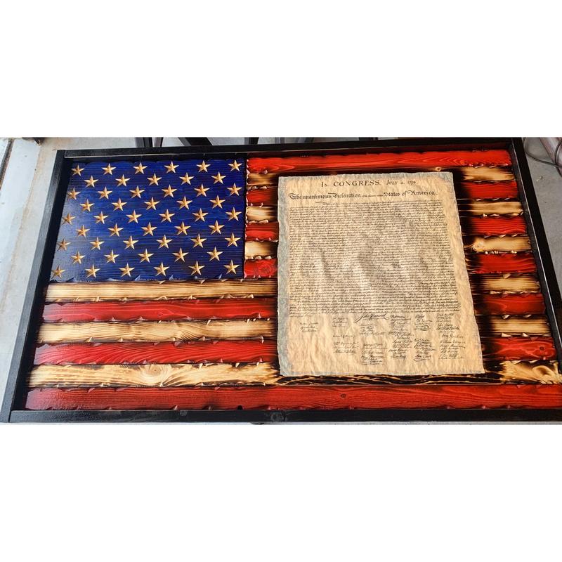 Battle Worn US Constitution Carved Wood Flag Burned and Natural