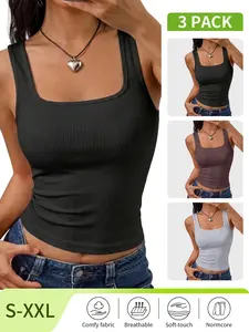 Women's Summer Square Neck Tank Tops, Workout Cropped Ribbed Camisole, Sleeveless Fitted Solid Style, 2026 Fashion Clothing Minimalist