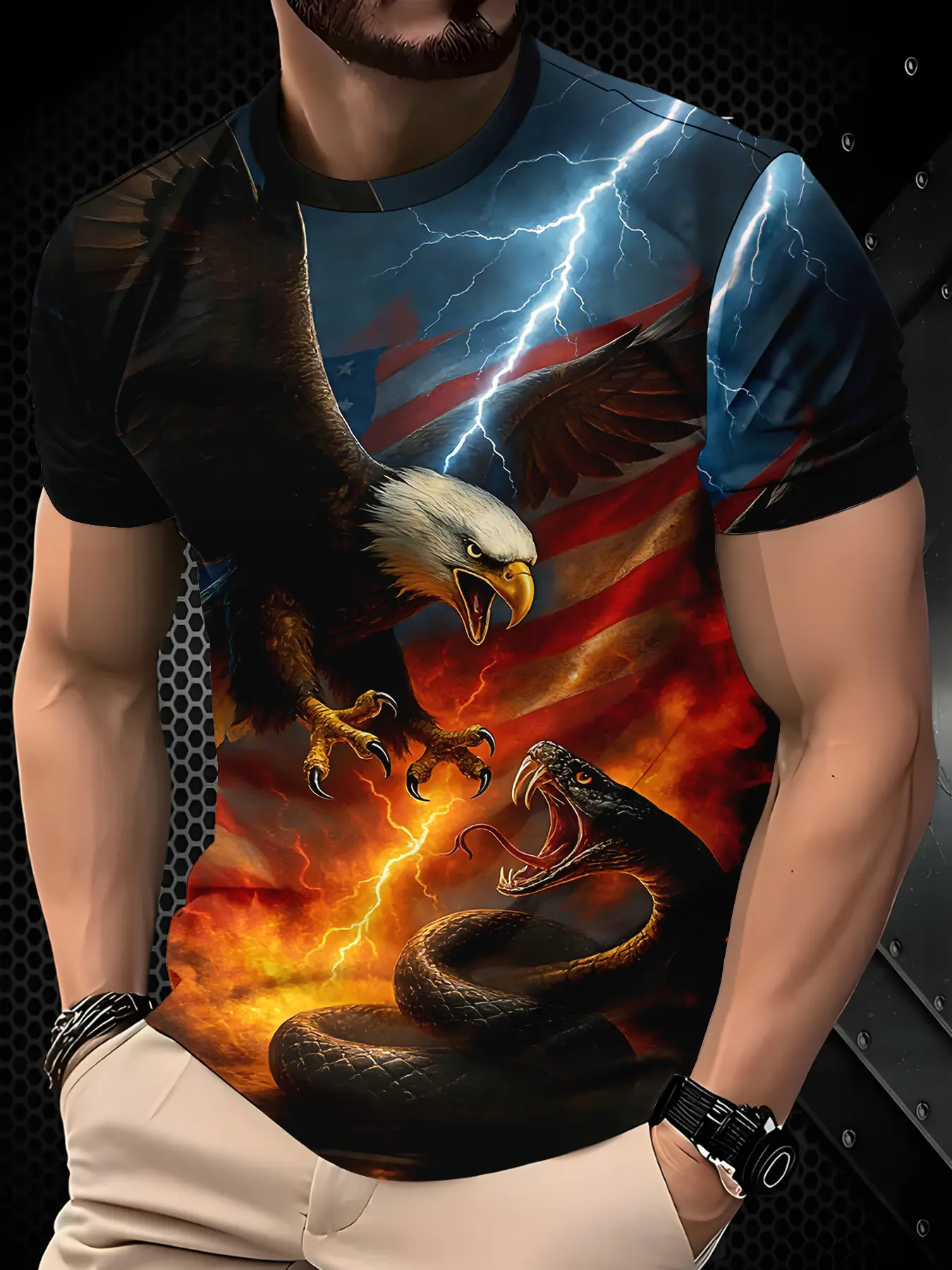Lightning Fire Flame Eagle Snake Short Sleeve Loose Breathable T-Shirt for Trendy Men, American Street Style Unique Base Layer