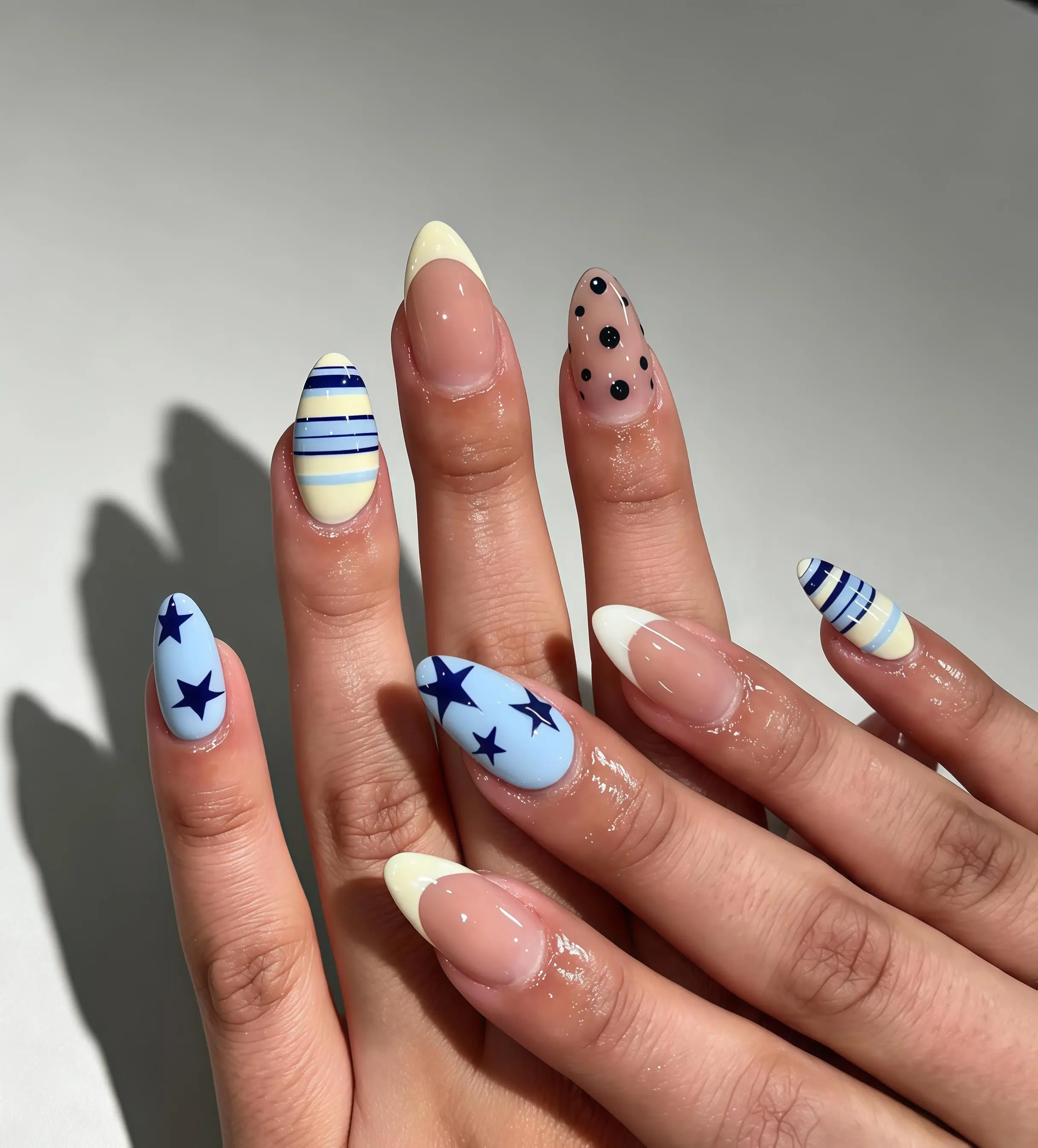Custom Press On Nail, Navy Star Stripe Polka Dot Mix, Cream French Tip Kawaii Daily Vacation Handmade False Nail Kit