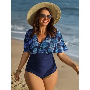 BLOOMCHIC Plus Size Floral Print Mesh One-Piece Swimsuit [M-6X] 2026 Summer Vibes Swimweek,Spotlight,Summer wins,Deals for you days