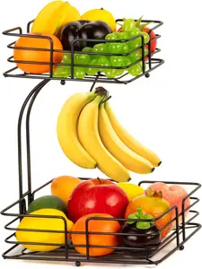 2-Tier Fruit Basket with Banana Hanger, Black Iron Fruit Bowl Stand, Countertop Fruit & Vegetable Storage Basket, Detachable 1-Tier or 2-Tier Design, Kitchen Organizer