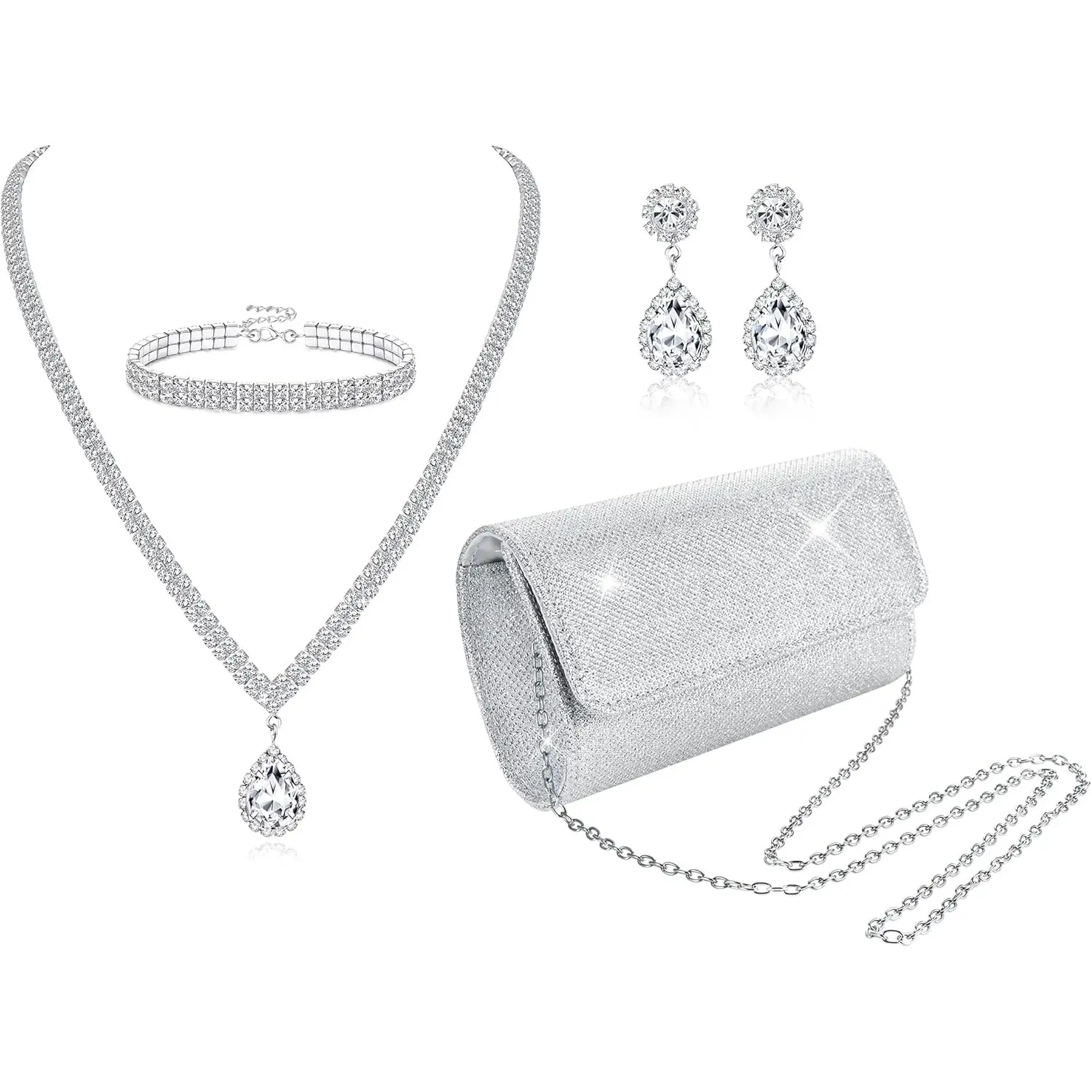Women's 4-Pc Silver Rhinestone Alloy Clutch Purse Wedding Set - Bridal Wedding Jewelry, Necklaces Earrings Set, 1 Pair Earrings, Extender Chains, Party Use, Mother-Daughter Gift, Car Interior Decoration Accessory