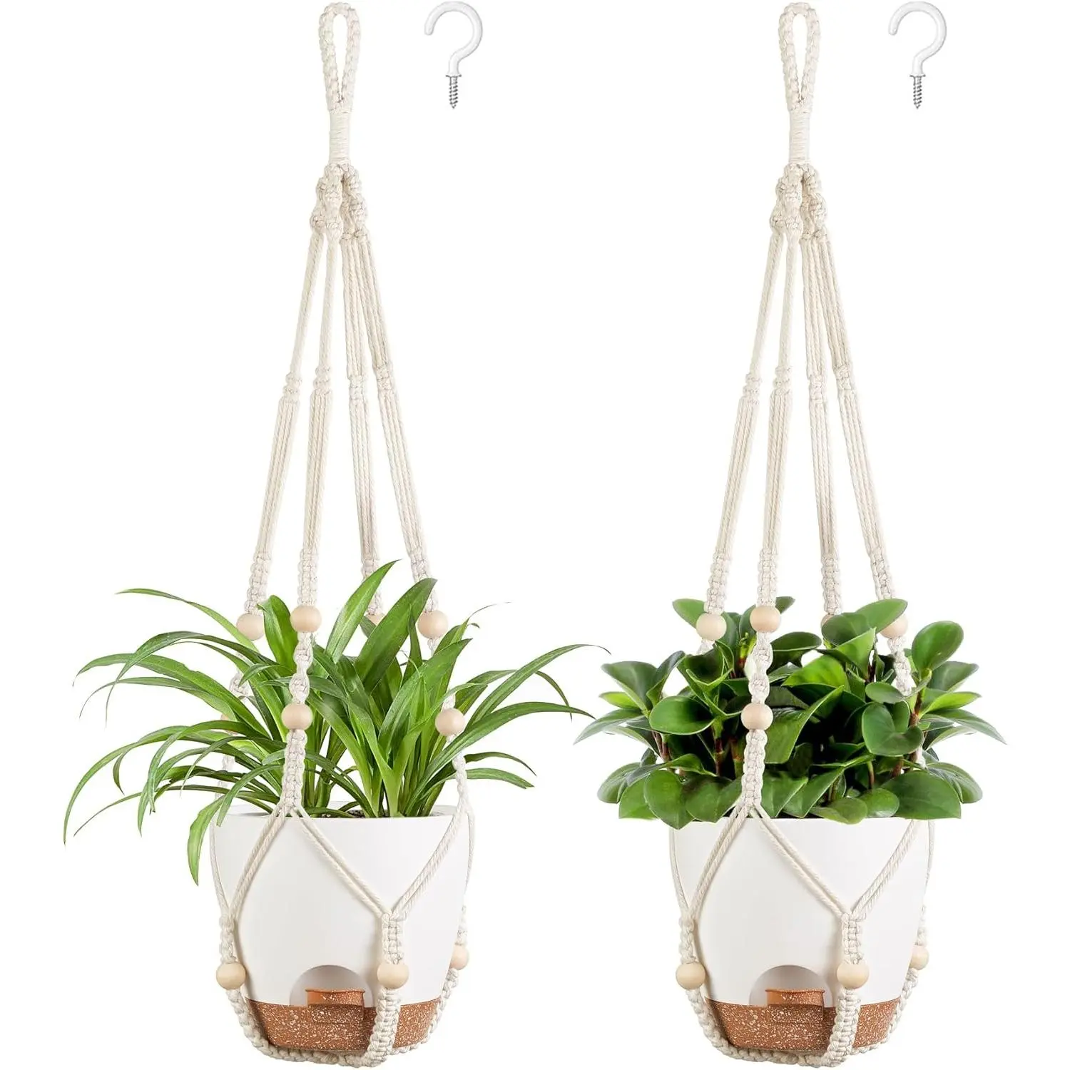 6.5 Inch Macrame Hanging Planters Set of 2 - Self-Watering Pots with 2 Hooks, No Tassels, Boho Home Decor for Boho Living Room, Birthdays, Housewarming, Christmas