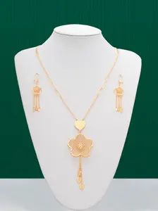 Middle Eastern Fashion Champagne Golden Flower Necklace and Earrings 3 Piece Set for Women Perfectly Showcasing Elegance and Modernity Made of Durable Brass Material Ideal for Ramadan Weddings Dinners Parties and Balls Trendy Jewelry Set