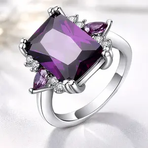 Radiant Cut Amethyst Statement Ring Silver Tone Purple CZ Engagement Cocktail Ring for Wedding Party Gift Accessories for Women Valentines&birthday Boujee Gifts for gf