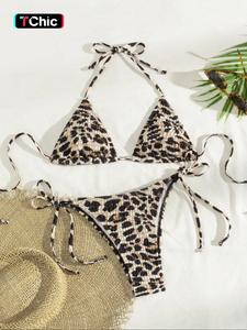 two-piece set women's leopard print textured bikinis set, bathing suits, casual halter triangle bra & tie side panty, bathing suit women, swimsuit for women, summer beach holiday vacation swimwear set for women, bikini sets
