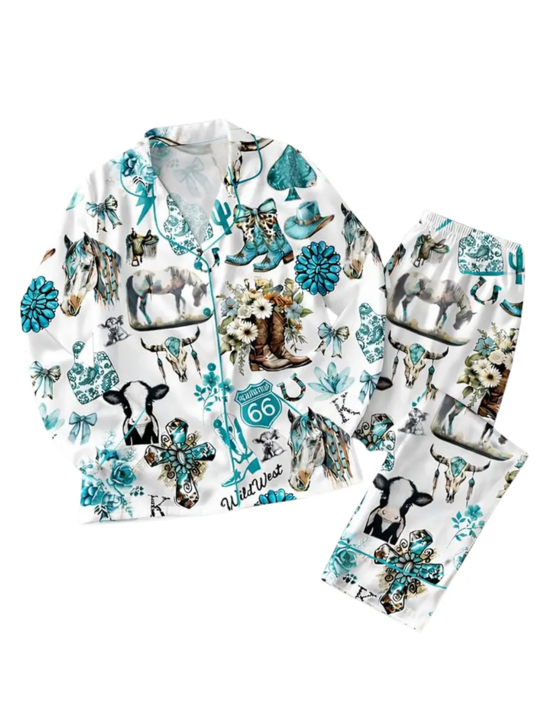 Western Cowgirl Pajama Set, Cowgirl Aesthetic Pajama Satin Set Turquoise Horses, Boots & Cactus Satin Pajamas