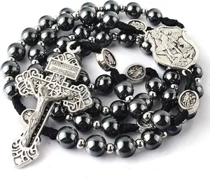 Hematite Rosary Necklace for Men and Women, Black Stone and Stainless Steel Beads, 48cm Length