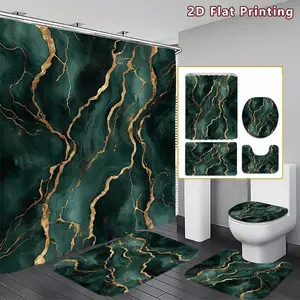 4PCS Marble Shower Curtain set, Dark Teal and Gold Marble Bathroom Decor, Accessories with Bath Mat, U-shaped Mat, Toilet Lid Cover, 12 Hooks 180x180cm, Home Decor, Bathroom Decoration Accessories