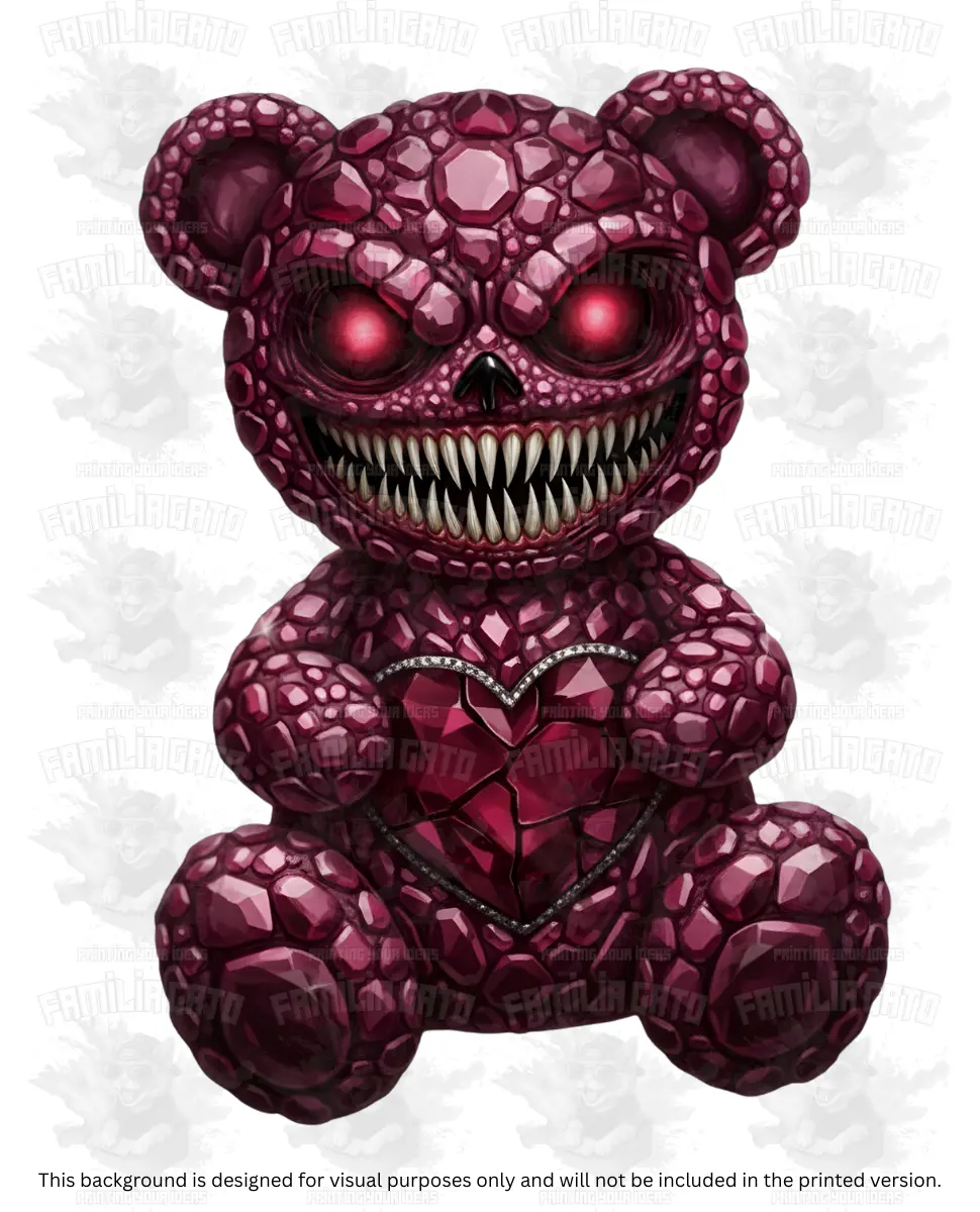 Valentine's Day Rhinestone Evil Magenta Teddy Bear DTF Transfer, Customizable Hot Peel Supply with Durability, Applies via Medium to Firm Pressure at 280°F for 13 Seconds