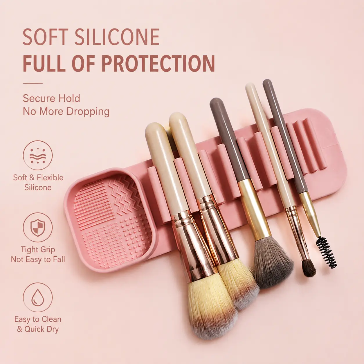 Wall Mounted Makeup Brush Organizer, Silicone Beauty Brush Holder with Cleaning Pad, Space Saving Vanity Storage Rack for Bathroom Counter