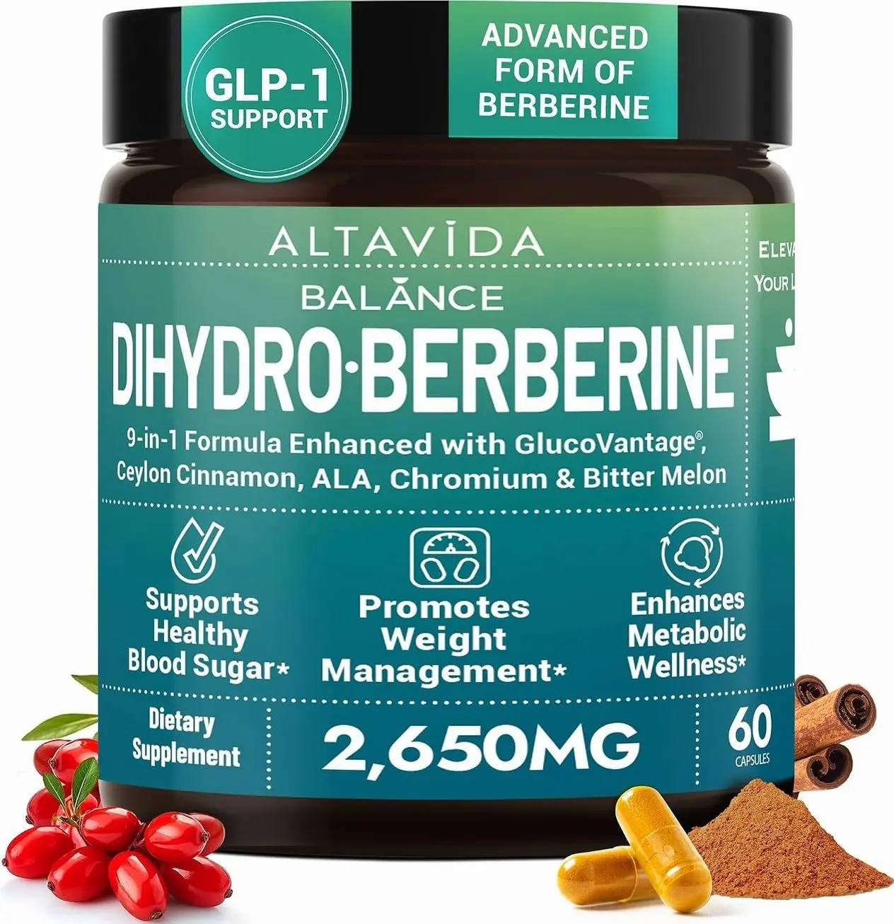 Dihydroberberine Super Berberine Supplement with Ceylon Cinnamon and Alpha Lipoic Acid - GlucoVantage 250mg - 5x Enhanced Bioavailability Over Berberine HCL - Metabolic & Wellness Support - 60 Caps
