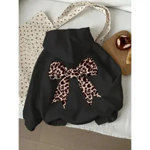 [Leopard Hooded Sweatshirt] Leopard Print Hooded Sweatshirt | Tween Girls' Casual Long Sleeve Bow Design, Pattern Pullover, Machine Washable Spring/Fall Regular Fit Top