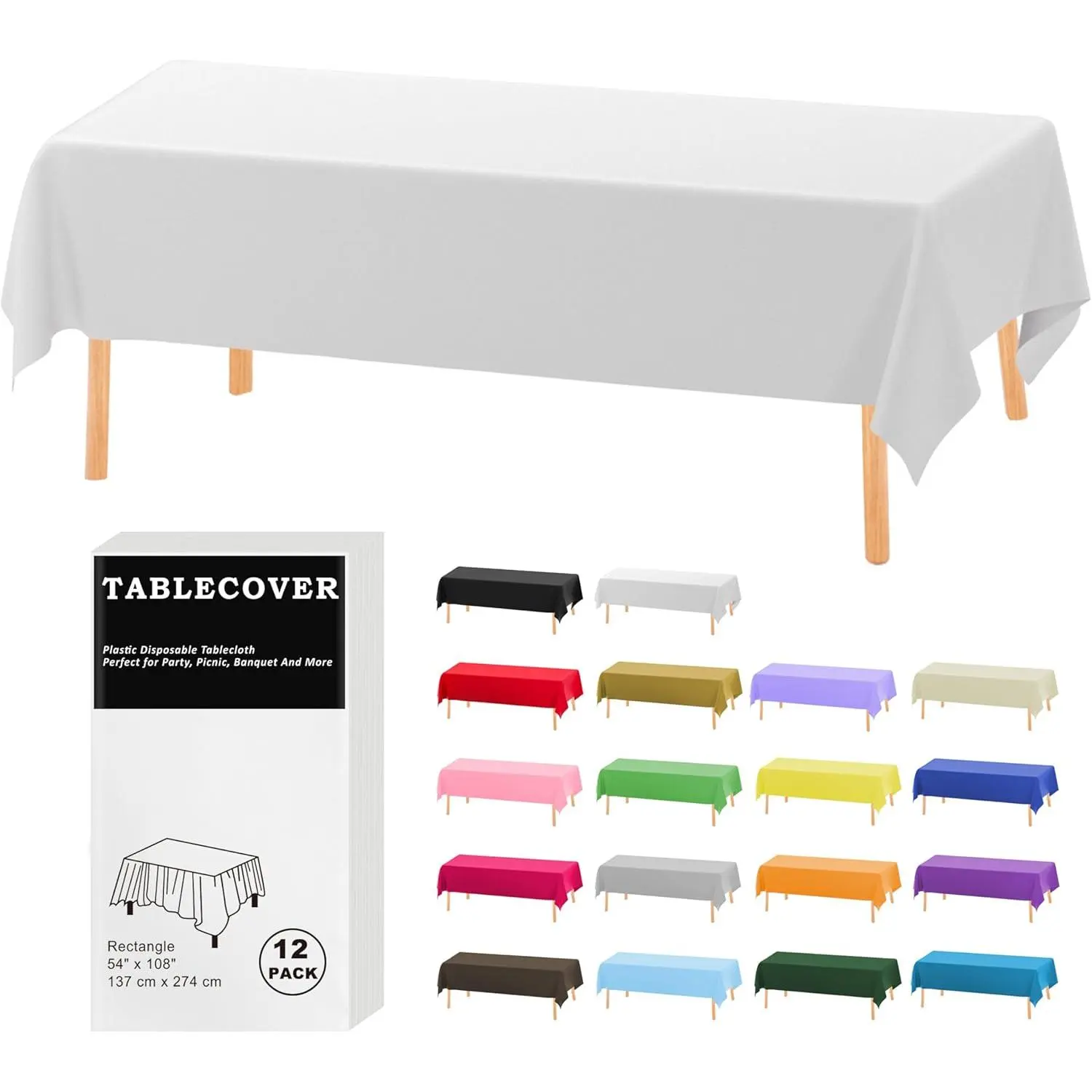 Plastic Table Cloth Disposable, 12 Pack White Rectangle Tablecloth Individually Wrapped for Indoor&Outdoor, 54 x 108 Inch Table Cover for Party, Picnic, Birthday, Wedding & Dinner