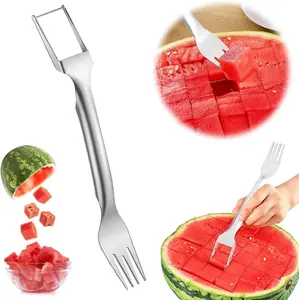 2-in-1 Stainless Steel Watermelon Cutter Fork, Dual Head Watermelon Cube Slicer, Multifunctional Fruit Cutting Tool for Melon & Fruit