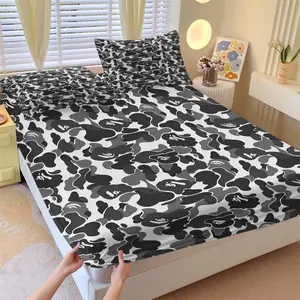 BAPE Black and White ABC CAMO Camouflage Fitted Sheet Set, 1 Fitted Sheet and 2 Pillowcases, Iconic Black-White ABC CAMO Printed Mattress Protector, Soft Comfortable Minimalist Street Style Bedroom Decor