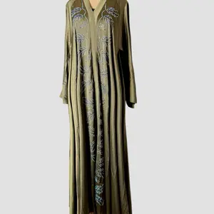 Butterfly Abaya With Leaf Embroidery - Olive Green Long Sleeve Dress with Detailed Leaf Patterns
