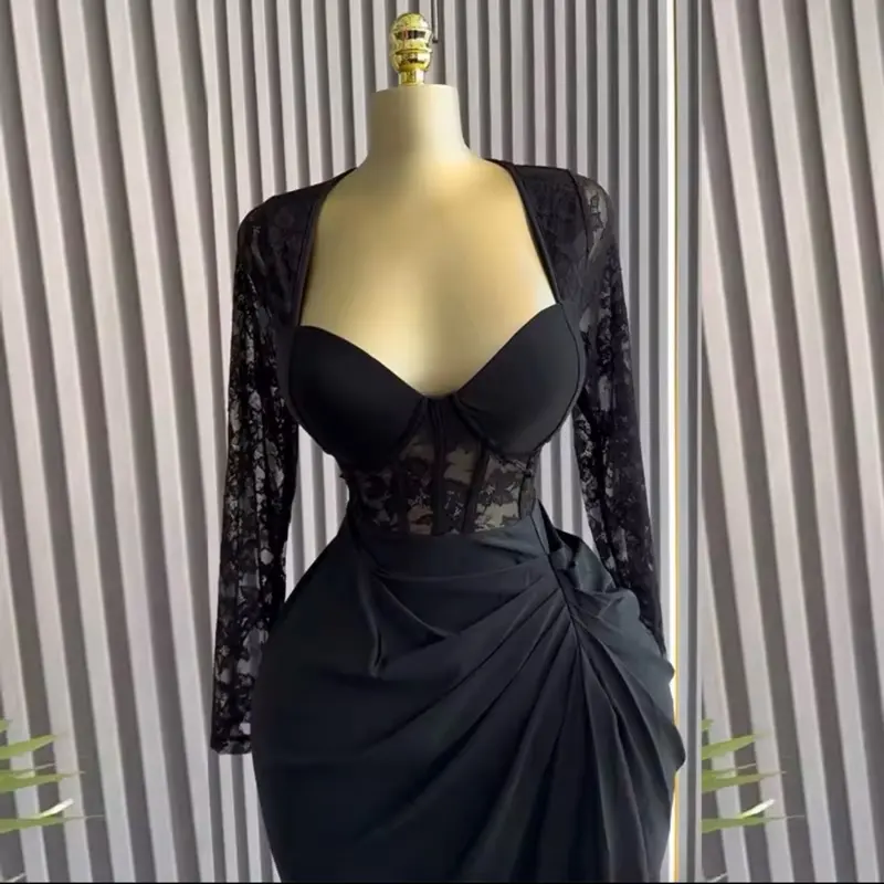 Square Collar Elegant Lace Sleeve Corset Dress in Black with Ruched Detail  and Long Sleeves Size : M, L, XL - TikTok Shop