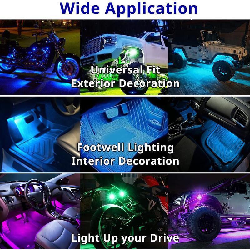 6 PCS - Underglow Kit RGB Lights Wireless Remote Control Cars Side Decoration Lamps, LED 8-Color Custom Lighting Rechargeable Strobe Footwell Ambient Light, Exterior Interior Decorative accessories Flash for SUV Truck Motorcycle Bike, waterproof