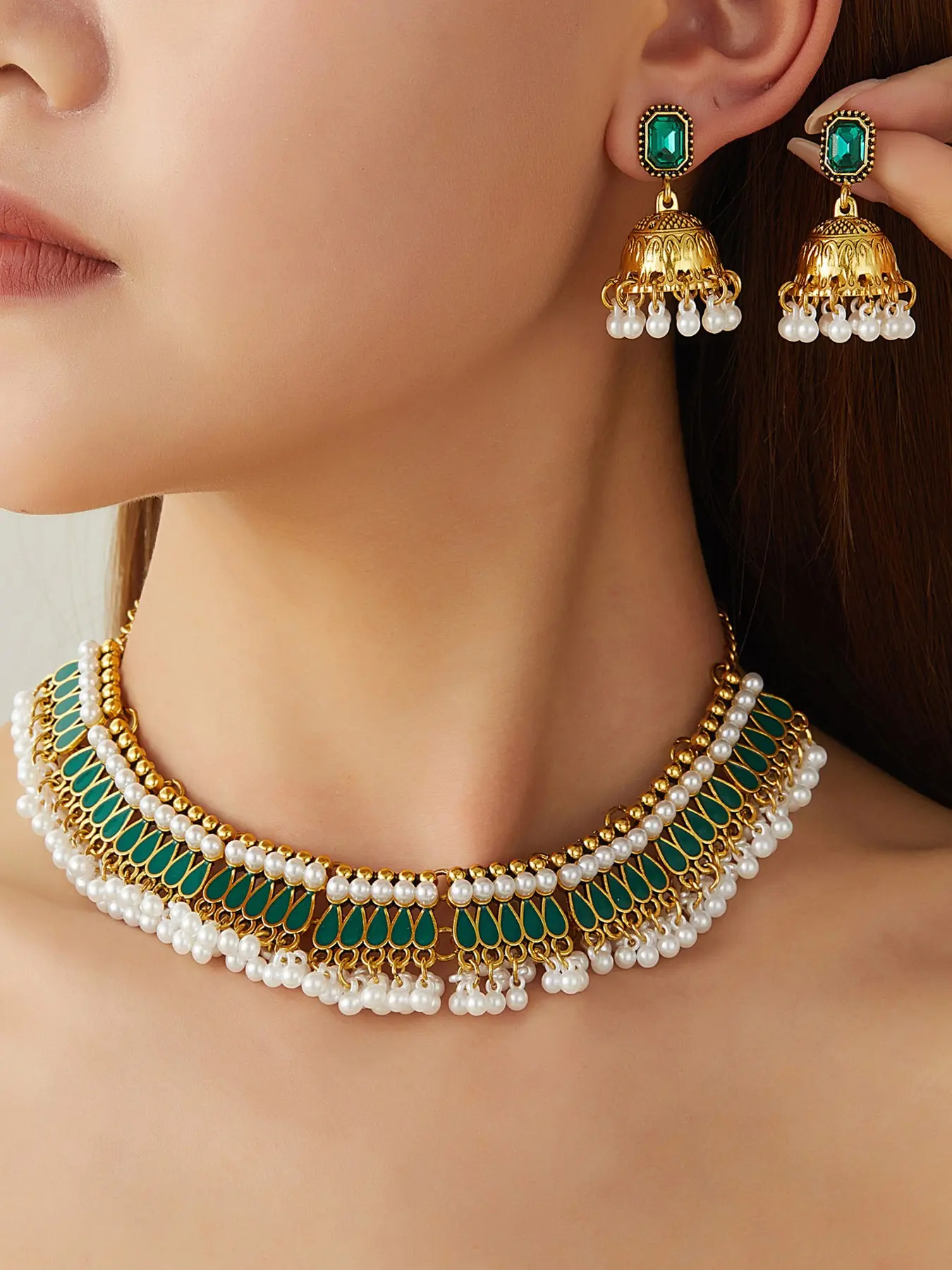 Indian Inspired Green Choker Necklace and Jhumka Earrings Set for Women, Gold Tone Pearl Fringe Statement Jewelry for Wedding Party Festival Outfit, Bridal Wedding Jewelry.Available in red, green, and white. Wedding Jewelry Sets for Brides