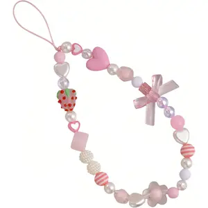 Strawberry Charm Phone Strap & Wristlet - Anti-Loss Sparkle Beaded Lanyard for Phone camera, Cute Kawaii  for Women Girls (  Bow), Short Lightweight Design