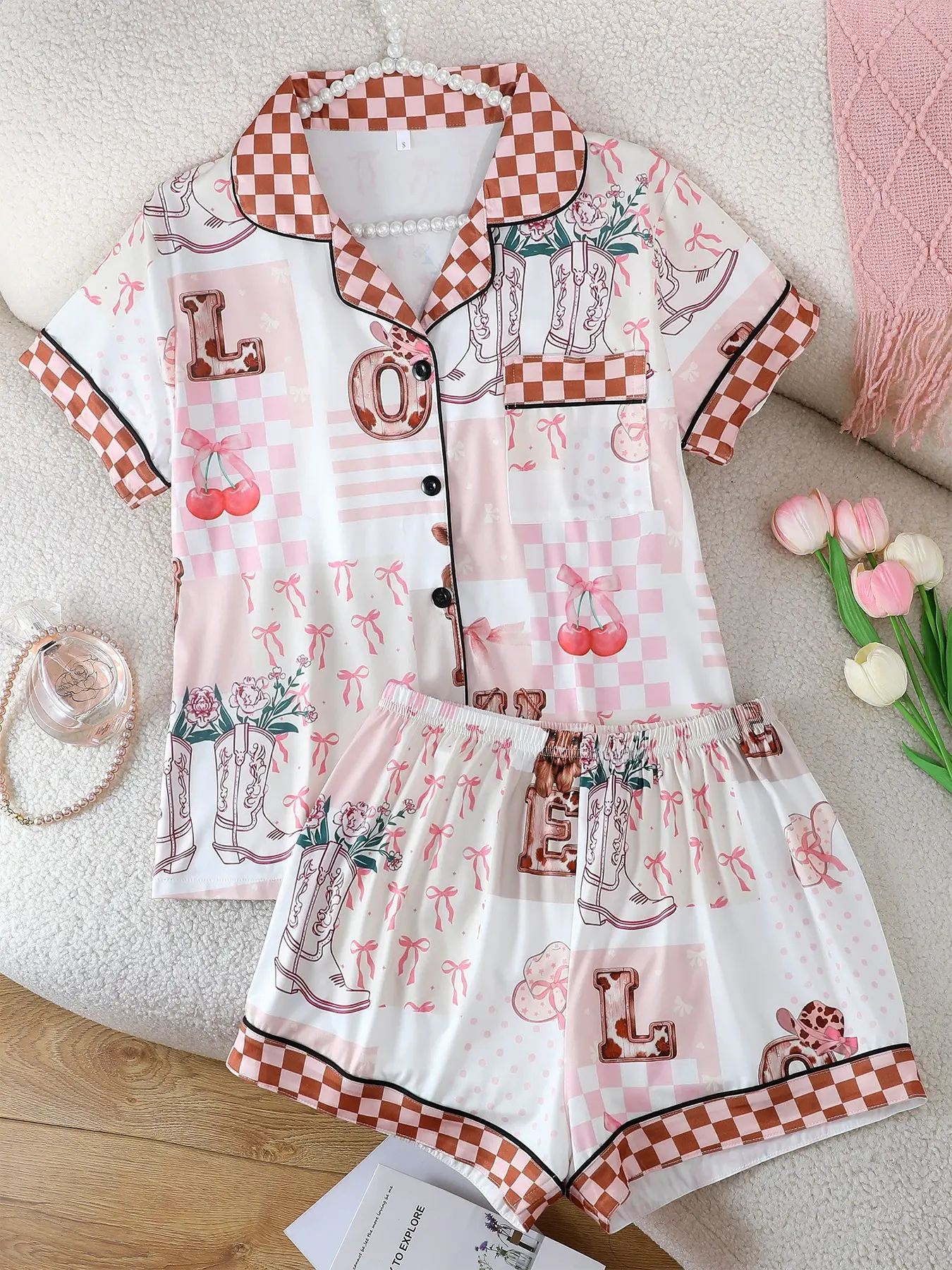 Women's 2-Piece Pajama Set, Nightwear Loungewear Set, Loungewear, Casual Short Sleeve Open Front Top & Elastic Shorts, Cherry Pattern, Comfortable All-Season Sleepwear