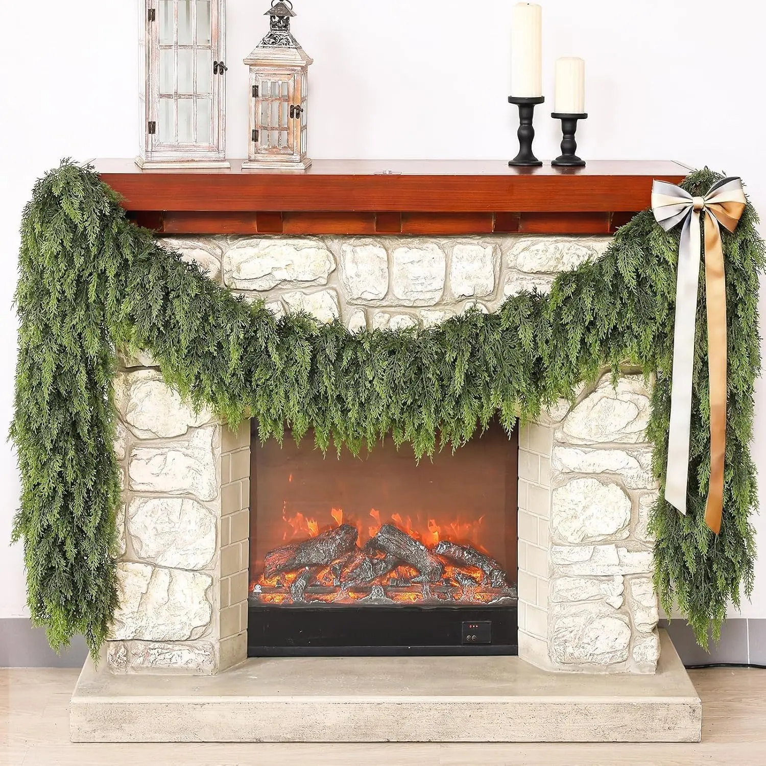 6 FT 2 Pcs Artificial Cedar Garland, 144 Tips Real Touch Christmas Garland, Artificial Winter Pine Garland for Mantel & Table, Outdoor & Indoor Greenery Holiday Decorations