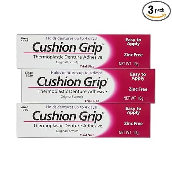 Cushion Grip Thermoplastic Denture Adhesive, 0.35 oz Travel Size (Pack of 3) – Refits and Tightens Loose Dentures for Up to 4 Days | Non-Glue, Zinc-Free, Waterproof Formula, Acts Like a Soft Reliner