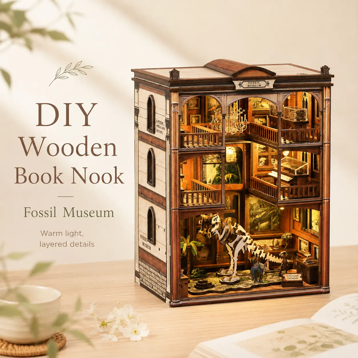 DIY Wooden Book Nook Kit, Mini Fossil Museum Scene with Warm Touch Light, 316-Piece MDF Craft Set, Detailed Dino Skeleton Display, Display Case, Chandelier & Museum Décor, Creative Shelf Insert for Adults and Teens 14+, Home Décor
