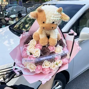 34 DIY Rose Artificial Flowers Cow Plush Doll Bouquet, Artificial Roses Bouquet, Unique Handmade Gift for Special Occasions, Beautiful Decorative Floral Arrangement