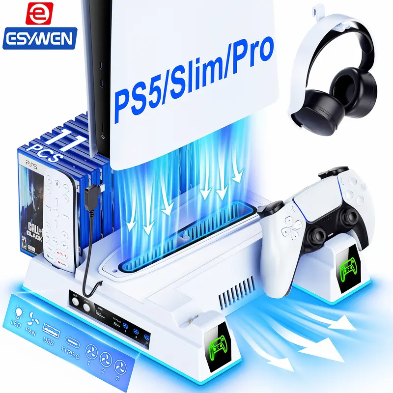 ESYWEN PS5 Pro/Slim/PS5 Stand and Cooling Station with Controller Charging Dock for Playstation 5 Disc Digital, PS5 Accessories Kit Incl. 3 Levels 2.36in Cooling Fan, 11 Game Slot, USB, LED, Headset Holder