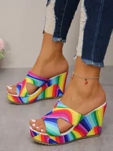 Women's Colorful Rainbow Stripe Wedge Sandals, Outdoor Wear Toe-Exposed Thick Sole High Heel Slippers, Casual Vacation Shopping Daily Commute, Open Toe Platform