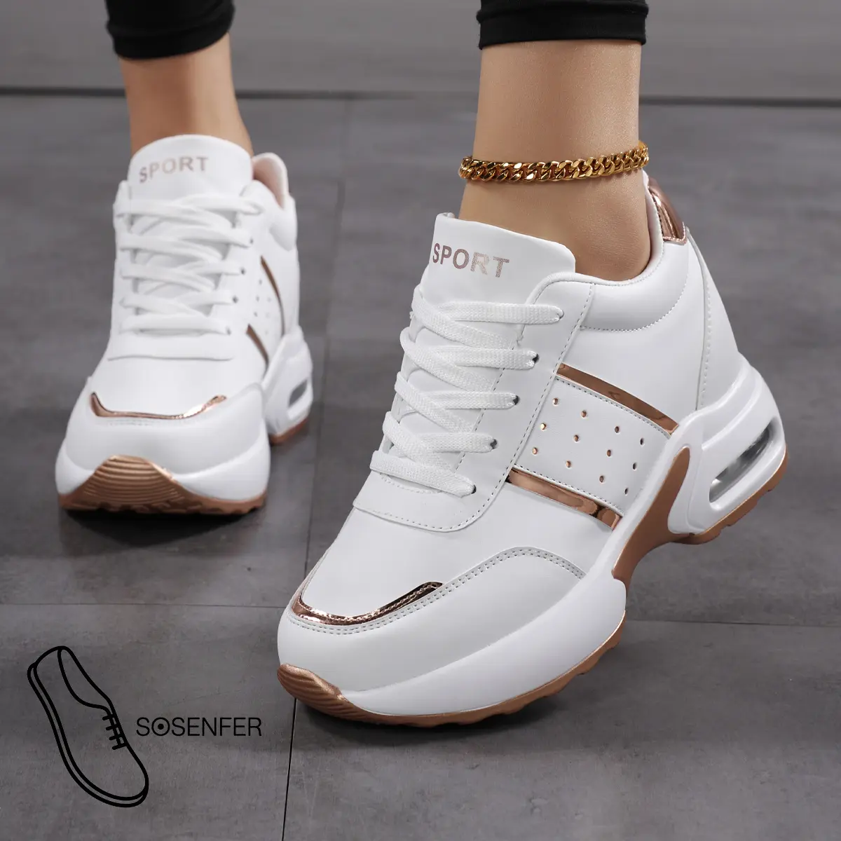 Sosenfer Women's Breathable Wedge Heel Cushion Sneakers Trainer - Stylish Low Top Platform Sneakers, Non-Slip Wear-Resistant Casual Walking Lace-Up Heightened Footwear (JH.1010-1), Stylish Sneaker White Athletic Sneaker Sneakers For Spring