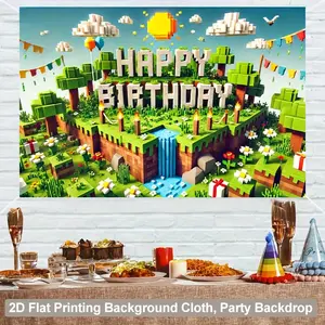 Pixel-Style Grassland, Happy Birthday Background Banners - Birthday Table Decors Background, Party Supplies, Baby Shower Banner, Photo Booth Props, Indoor & Outdoor Decoration
