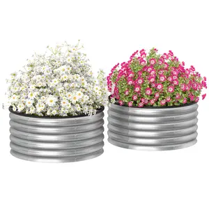 Outsunny Galvanized Raised Garden Bed Set of 2, Planters for Outdoor Plants with Safety Edging, Easy-to-assemble Stock Tanks for Growing Flowers, Herbs and Vegetables, 2' x 2' x 1', Silver