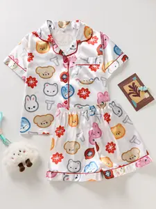 Girls' Sleepwear Set Pajamas 2-Piece Cartoon Animal Print Button-Down Short Sleeve Top & Elastic Shorts, Soft Satin Fabric, All Seasons, Pajama Outfit