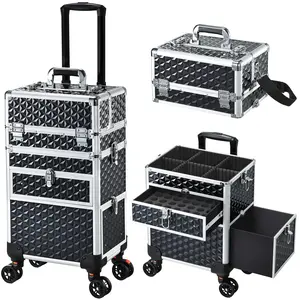2 in 1 Rolling Makeup Case with Wheels & Drawers Large Cosmetology Case Lockable Trolley Professional Cosmetic Train Cases