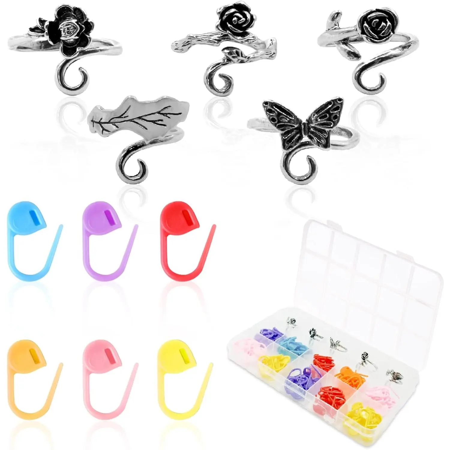 5 count Crochet Ring + 100 count Stitch Markers Adjustable Crochet Tension Rings for Finger Handmade Yarn Guide Crocheting Rings Knitting Accessories with Box Crochet Gifts for Women Mom Crocheters