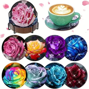 8-Piece Diamond Art Coaster Set with Stand, DIY Rose Pattern Diamond Art Coasters, Suitable for Adults and Beginners, Perfect Gift, Diamond Painting Coasters